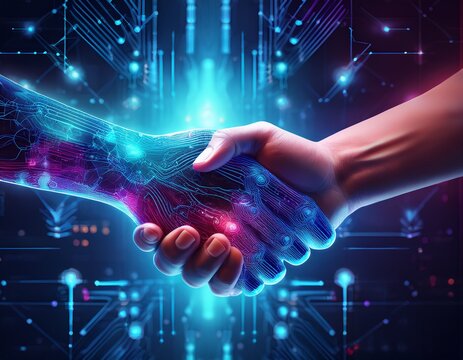 ai assisted brainstorm concept ai assisted brainstorm concept with digital hands shaking symbolizing collaboration between technology