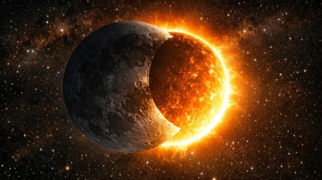 An intense depiction of a celestial event with a fiery orb and moon in space.