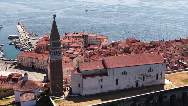 Aerial view of St George Church in historic Piran town, Slovenia