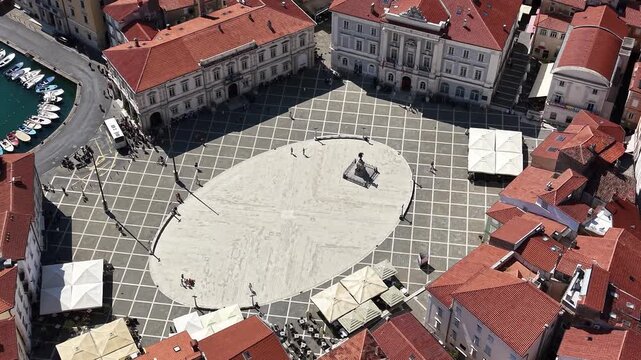 Drone view of Tartini square (Tartinijev Trg) in central Piran, Slovenia