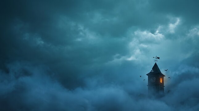 Halloween copy space background with mysterious gothic tower emerging from rolling fog clouds