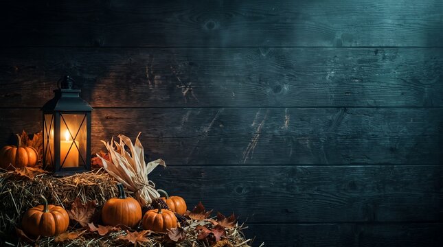 Halloween copy space background with lantern, pumpkins, and autumn leaves on dark wood for party banner