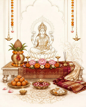 Elegant Lakshmi Puja Altar Line Art with Diyas, Flowers and Indian Sweets