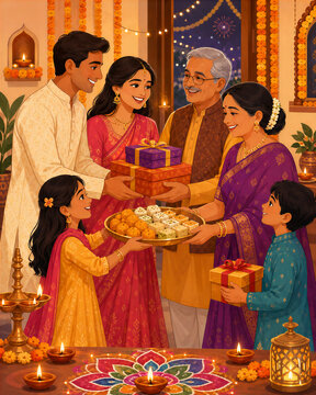 Multigenerational Indian Family Exchanging Gifts and Sweets for Diwali