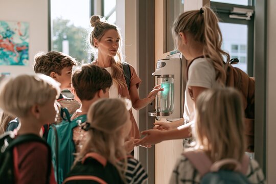 Students at School Water Fountain