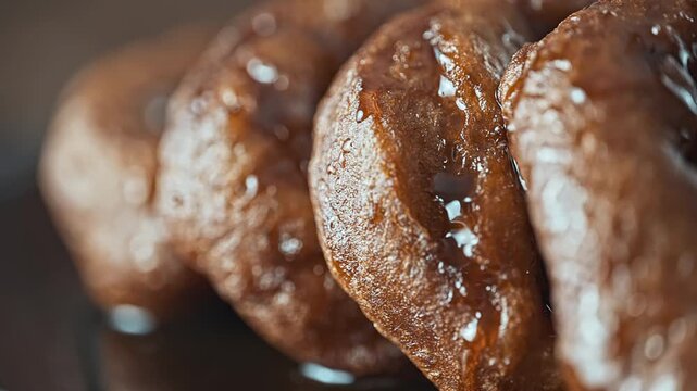 Traditional Peruvian picarones with sweet chancaca syrup drizzle.