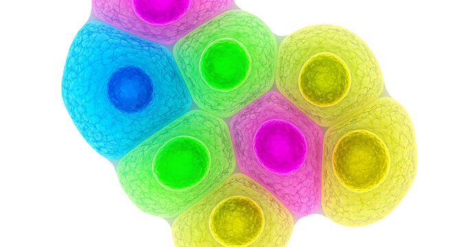 A microscopic view of colorful biological cells, showing nuclei and membrane structures, isolated on a white background, for scientific research purposes isolated on a transparent background