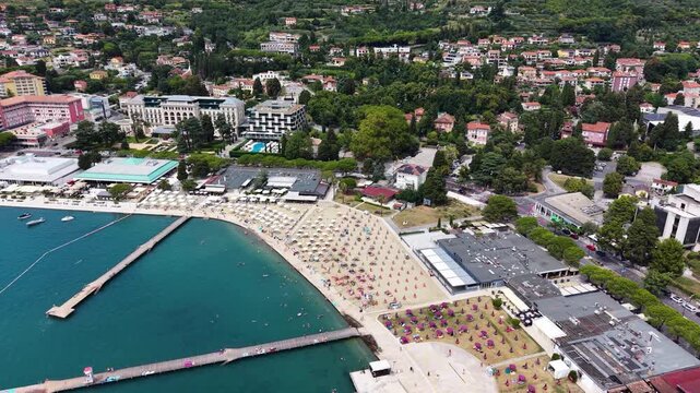 Flight over Portoroz beach resort town coastline, Slovenia