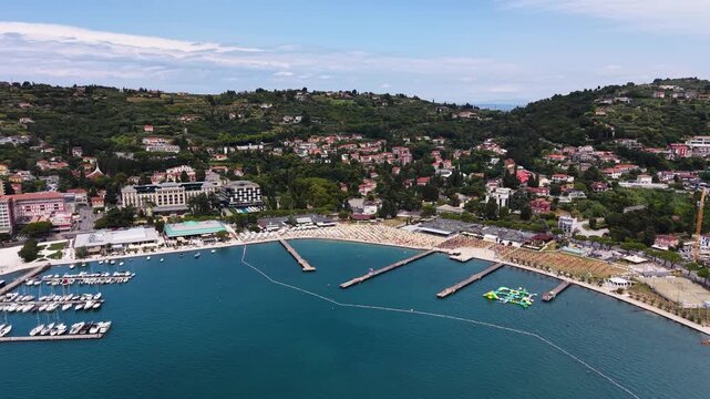 Drone view of Portoroz coastal resort town and beach, Slovenia