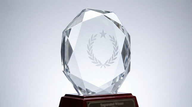 Frosted Glass Trophy Cup on Marble Award Pedestal. Elegant translucent achievement trophy with geometric facets, soft studio lighting, prestigious recognition symbol