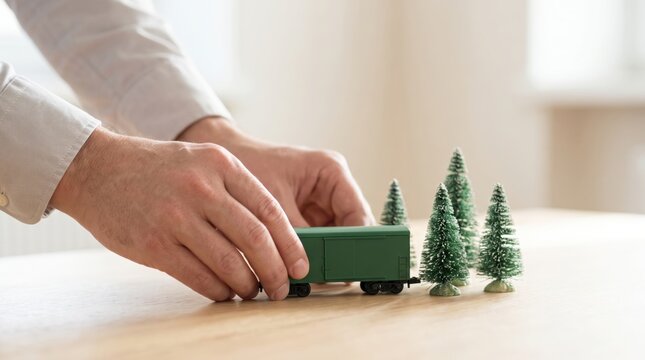Person placing a green model train car next to miniature trees on a wooden table