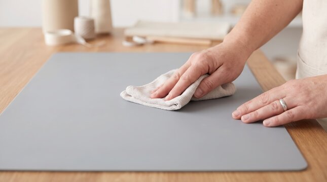 Hands wiping a large grey cutting mat with a cloth on a wooden table