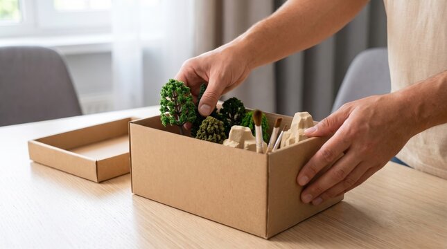 Person packing miniature trees and terrain pieces into a cardboard box on a table