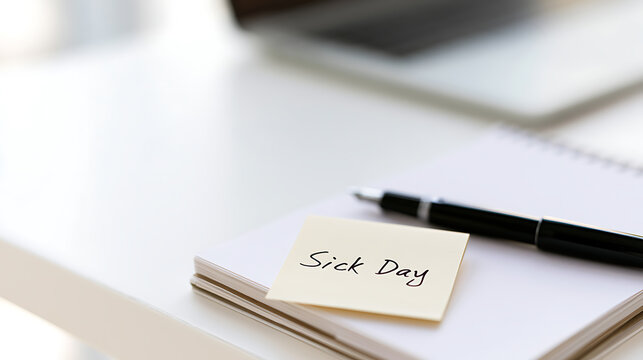 Minimalist Office Desk with "Sick Day" Note on Notepad and Pen, Highlight Light, White Background, Concept of Absence and Well-being