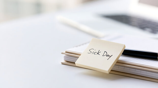 Sticky Note with "Sick Day" Message on a Work Desk, Suggesting Absence from Office or Need for Rest and Recovery