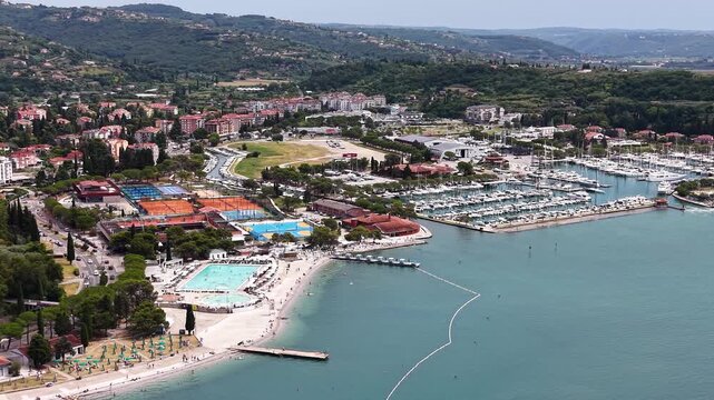 Drone view of Portoroz marina and coastal skyline, Slovenia