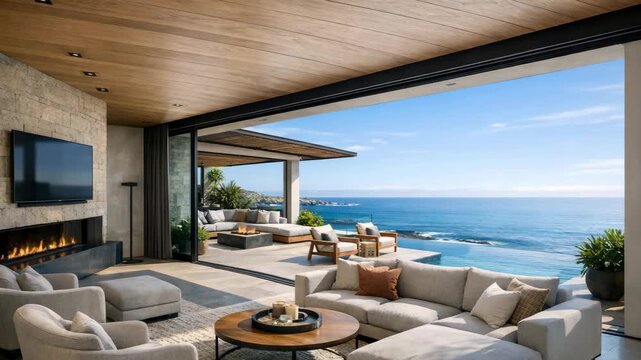 Spacious living room with sliding glass doors and fireplace overlooking the ocean.