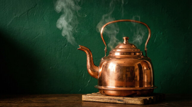 Copper Kettle Steam Rising Tea Time Vintage Mood. Polished copper kettle with visible steam rising against dark green background, vintage warm atmosphere
