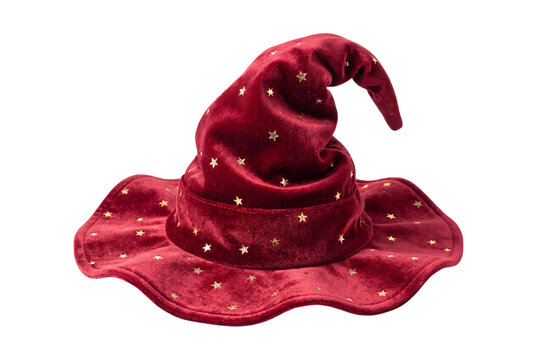 Red velvet witch hat with stars isolated on transparent background