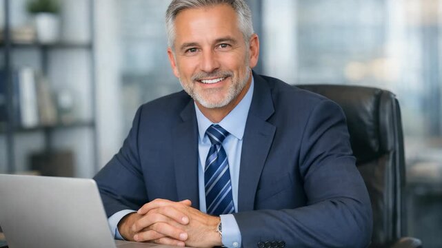 Smiling man in suit and tie working on computer indoors