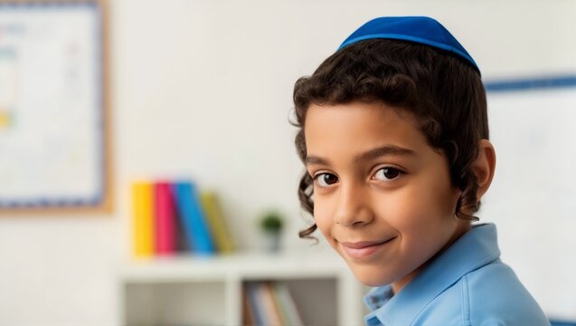 Close up portrait of young orthodox Jewish boy wearing blue kippah and peyot. Traditional religious headwear and cultural identity. Education and diversity