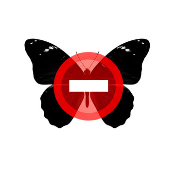 A red prohibition sign featuring a white minus symbol overlaid on a butterfly silhouette, isolated on a solid , for conceptual use isolated on a transparent background