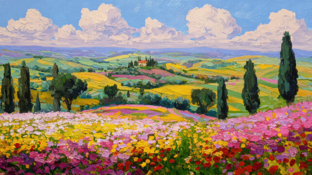 Oil painting of colorful tuscany flower field. Landscape painting on canvas. Heavy brushstrokes.