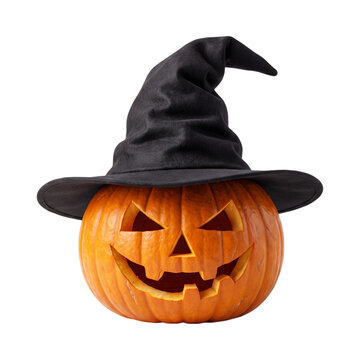 Carved pumpkin with witch hat isolated on transparent background