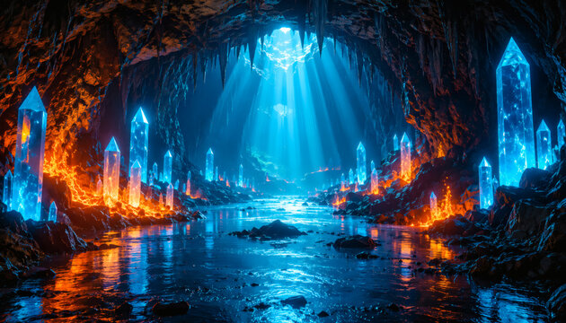 Crystal Lava Cavern with Underground Lake and Sunbeams