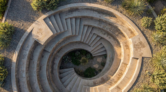Spiral Concrete Staircase Architectural Photography. Curved cement steps descending in geometric pattern, dramatic overhead perspective