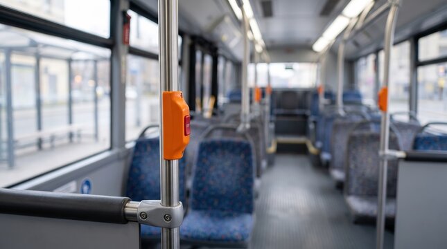 Empty city bus interior with focus on stop button on handrail
