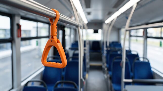 Orange hand handle in a modern public bus interior