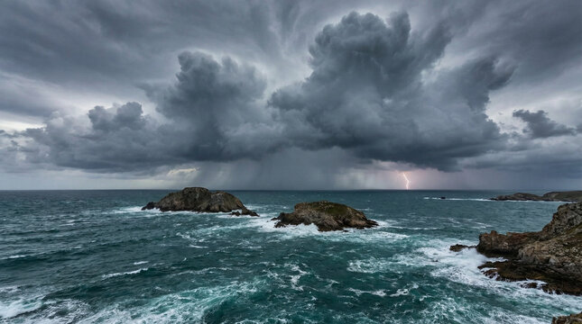 Monsoon Storm Clouds Over Ocean Horizon Wide Shot. Dramatic gray thunderheads building above dark turquoise sea, powerful nature scene