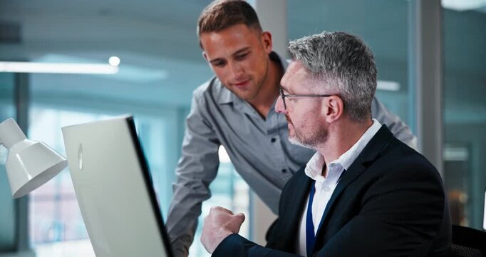 Computer, help and business men with fist bump for feedback, advice and training at finance agency. Corporate, talking and people on tech with agreement for financial report, planning or audit review