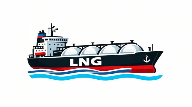 Stylized ship transporting liquified natural gas on a calm sea.