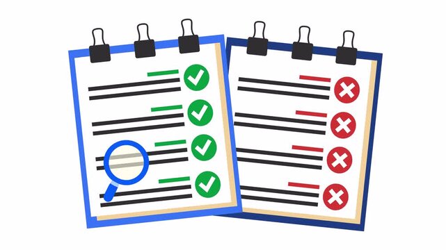 Approved and rejected clipboards comparison with checkmarks, cross marks, and a magnifying glass cartoon animation for a document audit symbol and business data inspection concept.