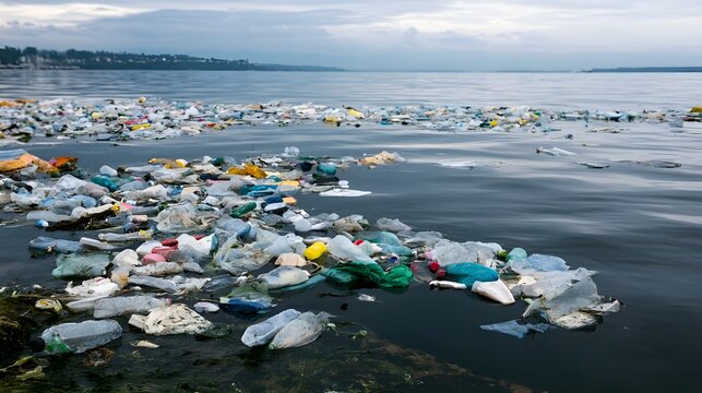 Plastic bottles and debris float on dark water near a shoreline under cloudy skies  showing environmental pollution