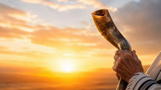 Close up of elderly man hands holding a Shofar (ram's horn) against a beautiful golden sunset sky. Jewish High Holy Days, Yom Kippur and Rosh Hashanah concept