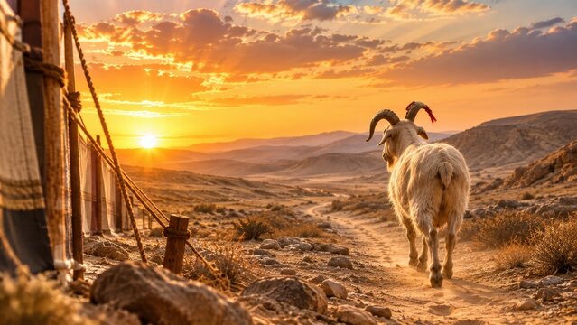 Biblical Scapegoat (Azazel) with a crimson thread walking away from the Tabernacle (Mishkan) into the deep wilderness. Yom Kippur Leviticus 16 Torah concept.