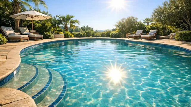 A luxurious pool area set against the backdrop of a clear blue sky and palm trees.