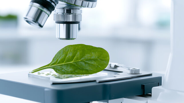 Close-up of a vibrant green leaf positioned on a microscope stage, symbolizing botanical research, scientific study, and plant biology in a laboratory setting