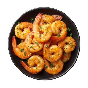 Golden fried shrimp in a black bowl isolated on transparent background