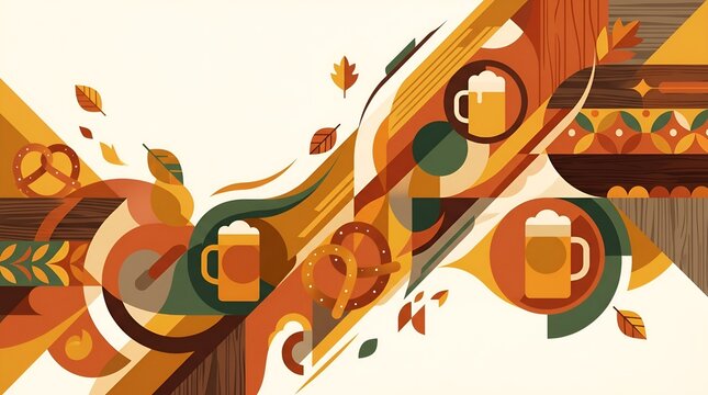 Vibrant abstract illustration celebrating autumn festivities with traditional German elements like frothy beer mugs, savory pretzels, and intricate decorative patterns