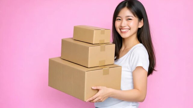 A cheerful young female holding a stack of brown cardboard boxes. She is smiling and appears to be in the middle of moving or delivering items.