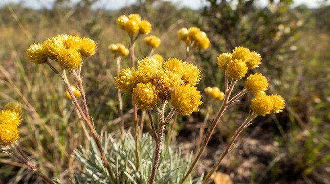 A cluster of delicate yellow wildflowers bloom in a dry, grassy field, showcasing the resilient beauty of nature.