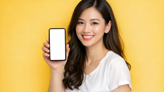 A cheerful woman smiling and holding a smartphone with an empty screen against yellow background.