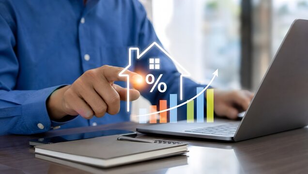 Businessman analyzing residential property interest rates with digital house outline and colorful bar graph.