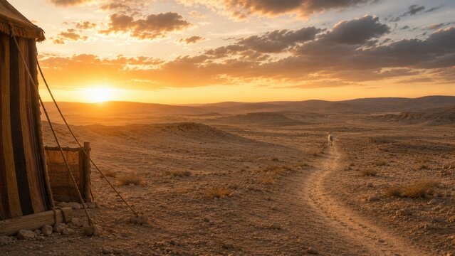 Wide landscape of the biblical scapegoat (Azazel) walking away from the Tabernacle (Mishkan) tent into the vast desert wilderness along a dusty path. Yom Kippur Torah story concept with copy space.
