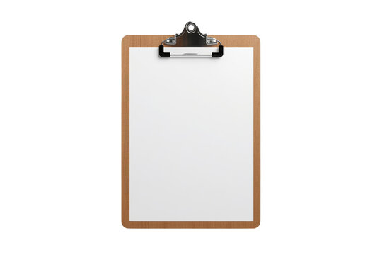 Narrow wooden clipboard with white paper and silver black clip