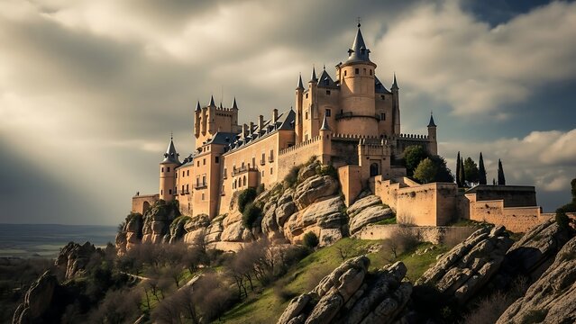 A majestic medieval castle perched atop a rocky outcrop, bathed in dramatic sunlight filtering through a cloudy sky, evoking a sense of history and grandeur.